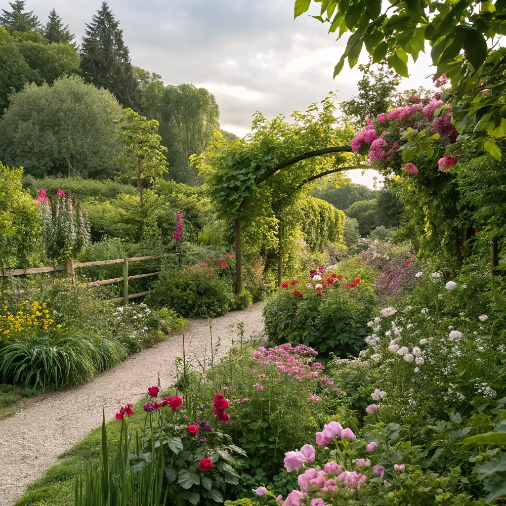 Lush garden with various flowers and plants